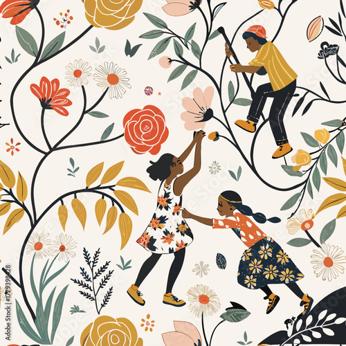 A lush, detailed seamless pattern featuring vibrant red and pink flowers and elegant, finely drawn butterflies