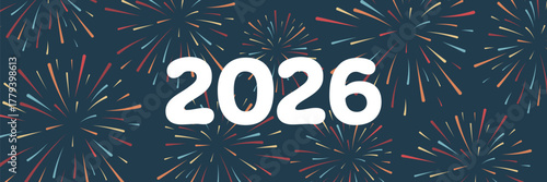 2026. Banner mit einem bunten Feuerwerk.
