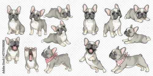 A collection of cute illustrated French Bulldogs in various poses, showcasing their playful and charming nature.