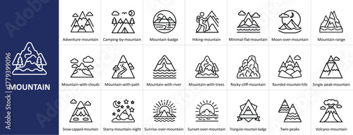 Mountain icons set with nature, adventure, hiking, and landscape concepts