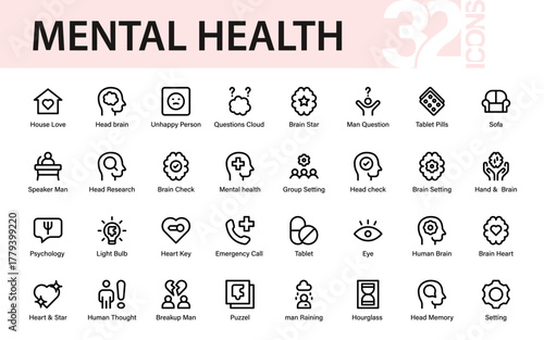 Mental Health and Psychology Icon Collection for Emotional Wellness, Brain Therapy, and Human Behavior Awareness
