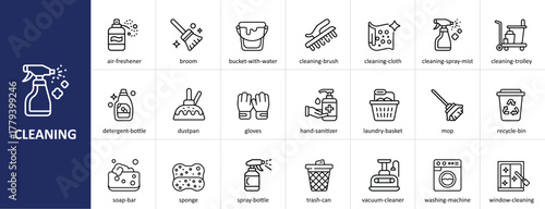 Cleaning icons set with hygiene, housekeeping, and washing equipment concepts