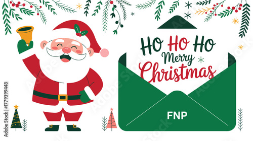  Santa Claus holding bell beside green envelope with Merry Christmas message, festive decorations, ornaments, and holiday cheer