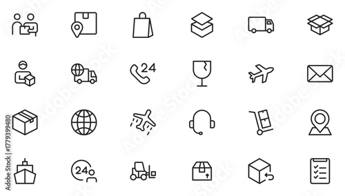 Delivery and logistics icons set. Courier, shipping, express delivery, tracking order, support, business.Thin outline icons pack. Vector illustration