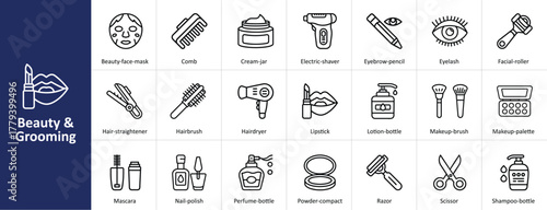 Beauty and grooming icon set with makeup, cosmetic, and personal care products