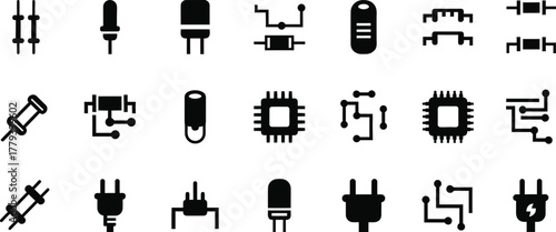 Collection of electronic component icons including resistors capacitors transistors and microchips isolated on transparent background