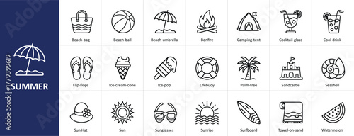Summer vector icon set with beach, vacation, and hot weather concepts