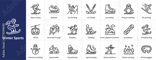 Winter sports vector icon set with cold weather recreation and mountain activities