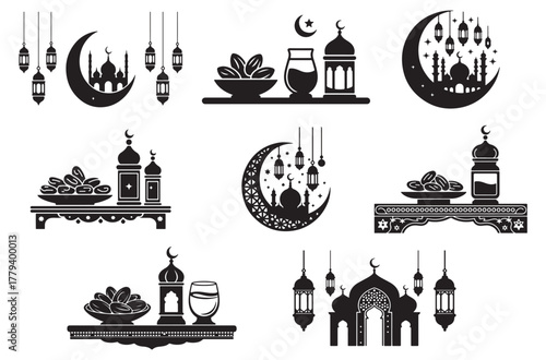 “Culture and Religion in Ramadan Silhouette Vector – Islamic Festival Icon Set”