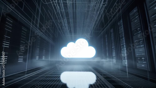 Server data storage with glowing cloud silhouette, symbolizing cloud computing, digital network, and modern data technology.