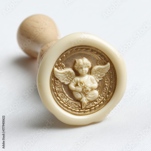 Elegant ivory wax seal stamp with golden angel cherub design on white background, luxury stationery accessory for wedding invitations and festive correspondence