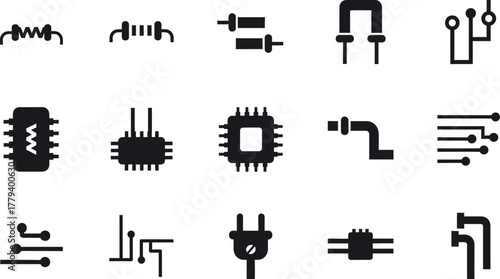 Collection of electronic component icons including resistors capacitors integrated circuits and connectors isolated on transparent background