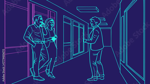 Neon Outline of Office Coworkers Laughing Together in 3D Vector Illustration