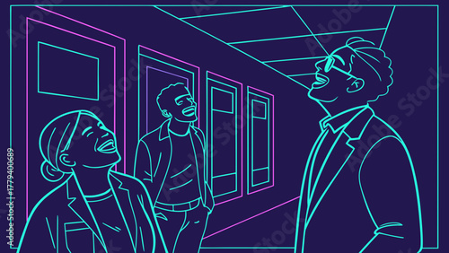 Neon Outline of Office Coworkers Laughing Together in 3D Vector 