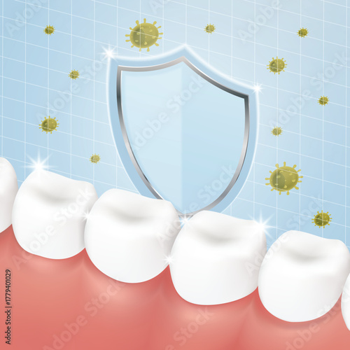 Realistic Vector of a protection shield on sparkling molar teeth. Antibacterial dental care concept