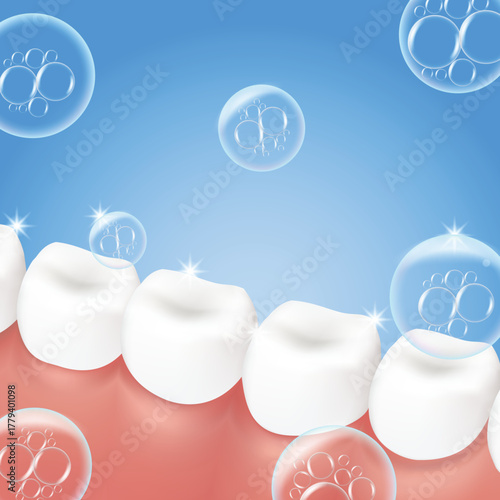 Realistic Vector of sparkling cleaning bubbles on molar teeth. Deep cleaning or whitening concept