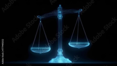 A glowing blue holographic balance scale, the scales of justice, against a dark background.