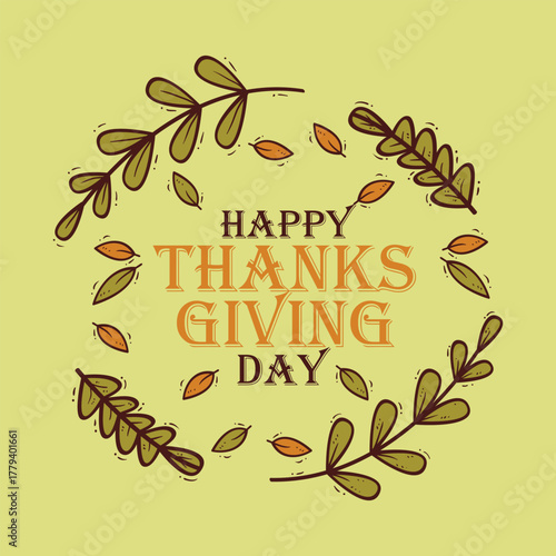 Happy Thanksgiving celebration background. Autumn yellow, orange Pumpkin, Bright leaves, Rowan Berries, acorns and and red ribbon. Vector illustration for poster, card, banner or flyer.