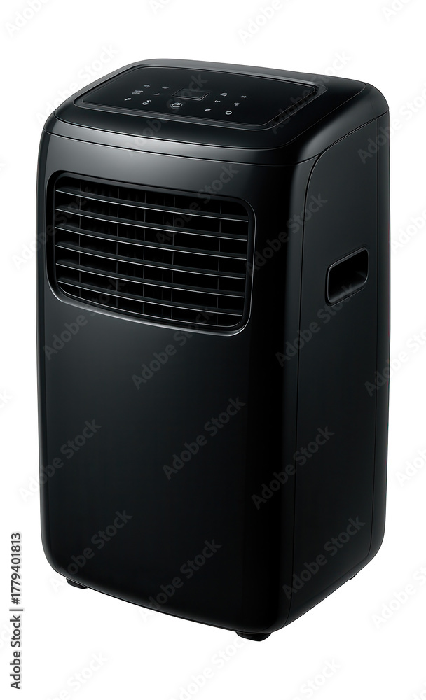 Fototapeta premium Sleek black portable air conditioner for modern office aesthetics.