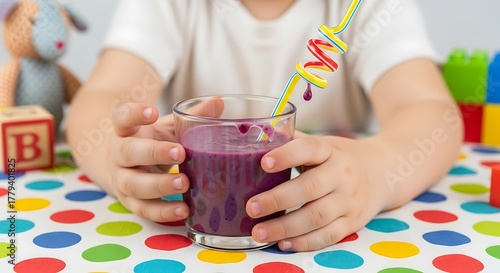 Kids enjoying healthy purple smoothie drink with fun colorful straw.