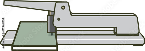 業務用の大きなホッチキスで紙の束に針を打ち込んでいるイラスト（製本・印刷・事務作業）