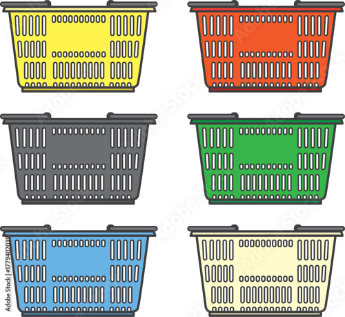 黄色・オレンジ・黒・緑・水色・白の買い物かご6色バリエーションのイラスト（ショッピング・日用品・カラフルデザイン）