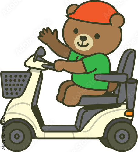 シルバーカーに乗るかわいいくまが手を振っているイラスト（高齢者・福祉・動物キャラクター）