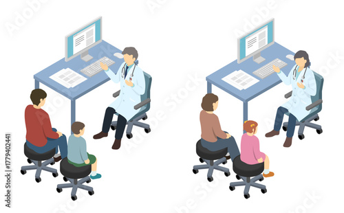 アイソメトリックイラスト：問診する医者と家族の患者