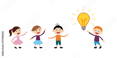 Children come with great ideas and light bulbs. vector icon