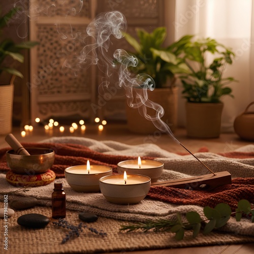 Wallpaper Mural Cozy Aromatherapy Setup with Candles and Incense Smoke Torontodigital.ca