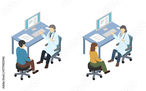 アイソメトリックイラスト：問診する医者と若い患者