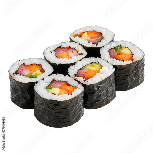 Fresh Sushi Rolls With Colorful Fillings and Seaweed Wrap Enjoyed in a Casual...