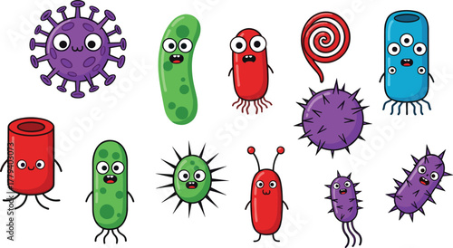 Cartoon bacteria virus characters, colorful microbes illustration, cute germs vector, funny pathogens clipart, educational microbiology design, cad drawing flat vector illustration