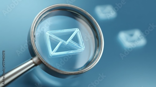 Magnifying glass focusing on outlined envelope icon, representing digital communication, email technology, and modern messaging systems in a sleek blue background