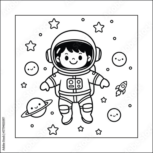 Cozy Little Astronaut Floating in Space with Planets and Stars, Bold and Easy Science Coloring Book Page, Vector Line Art for Kids