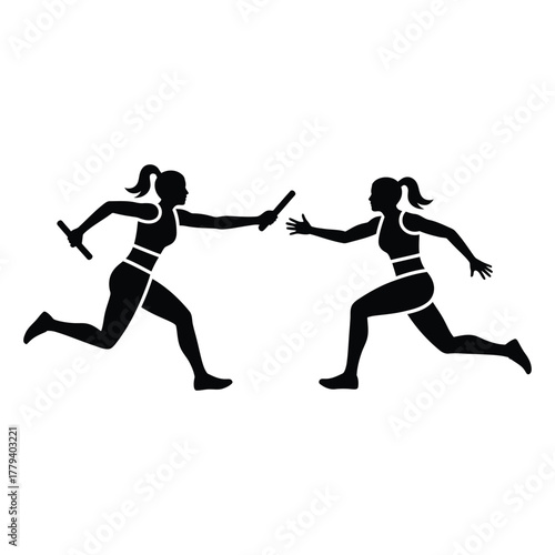 Female Runners passing baton relay race silhouette