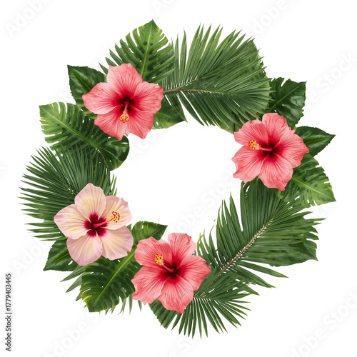 Tropical Wreath With Vibrant Hibiscus Flowers and Lush Green Leaves for Festi...