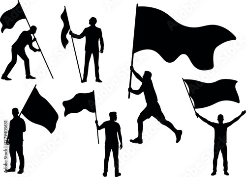 Silhouette of people holding flags in different poses. Victory, protest, and celebration concept illustration
