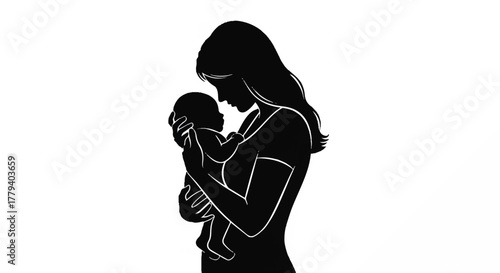 Silhouette of a mother tenderly holding her newborn baby in her arms, a symbol of love and family