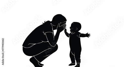 A tender silhouette of a mother playing a game of peek-a-boo with her standing toddler, capturing a precious moment of childhood and maternal love