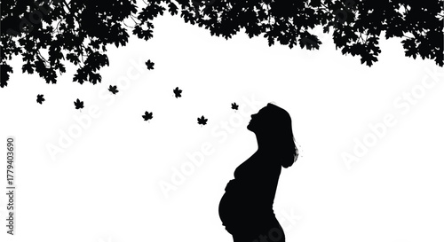 A serene silhouette of an expectant mother under a canopy of falling leaves, symbolizing new life and hope in nature's gentle embrace, celebrating the journey of motherhood