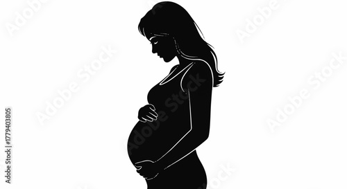 Black silhouette profile of a beautiful pregnant woman caressing her bump. Vector graphic symbol of pregnancy and new life