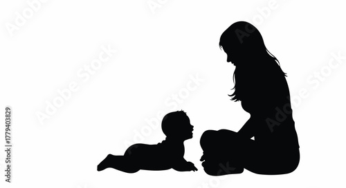 A tender moment of motherhood captured in a beautiful black silhouette vector of a loving mother and her baby