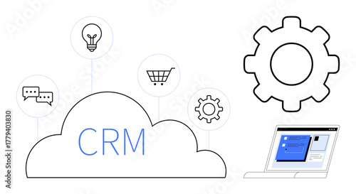 CRM cloud surrounded by icons representing communication, ideas, shopping, and integration laptop interface for management. Ideal for organization, efficiency, automation, business, innovation
