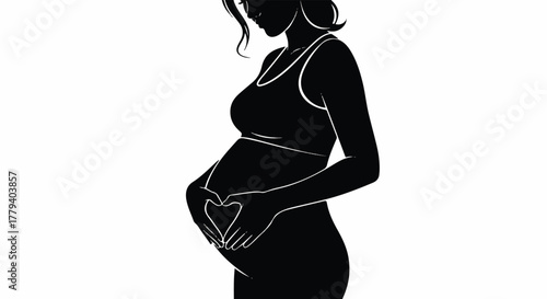 Silhouette of a pregnant woman holding her belly, forming a heart shape with her hands