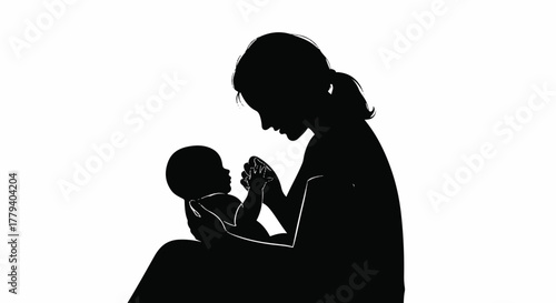 A tender black silhouette illustrating the profound and loving bond between a mother and her newborn baby, symbolizing maternal care, affection, and new life's precious beginning