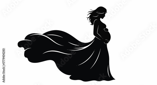 Silhouette of a pregnant woman in a flowing gown, symbolizing motherhood and anticipation