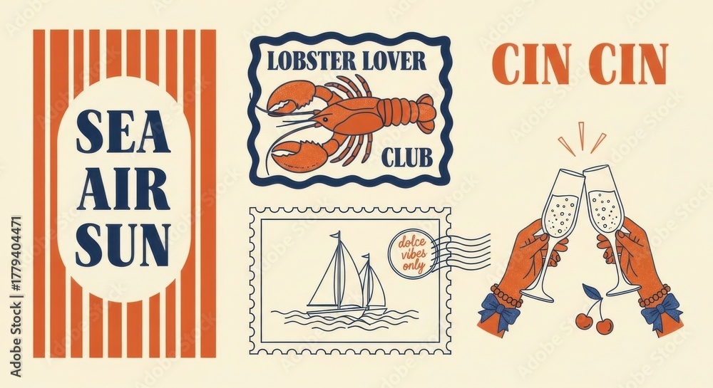 Fototapeta premium Vintage Vibes Summer Getaway Showing Lobster Lover Club, Champagne Toast and Sailboat in the Sea