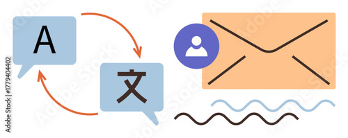 Speech bubbles with exchange arrows show language translation, paired with an envelope symbolizing email. Ideal for communication, translation, business, global outreach, networking, technology