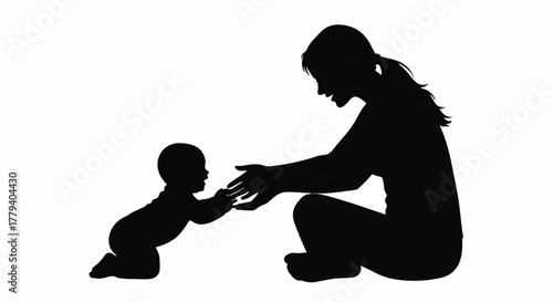 Silhouette of a mother caring for her crawling baby, a vector illustration symbolizing maternity and family love